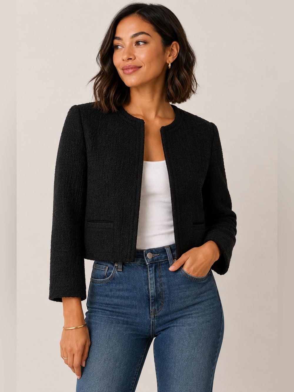 Vince Cropped Jacket Women’s 4 Black Textured Wool Blend Collarless Blazer